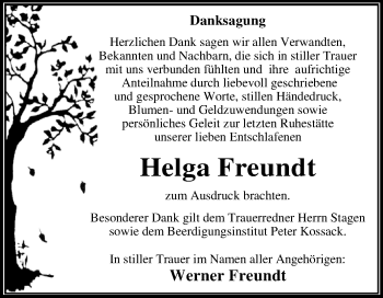 Traueranzeige von Helga Freundt von WVG - Wochenspiegel Dessau / Köthen