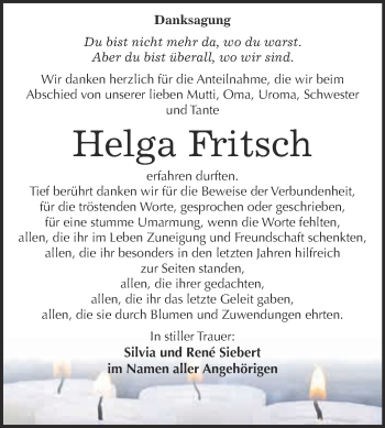 Traueranzeige von Helga Fritsch von WVG - Wochenspiegel Wittenberg