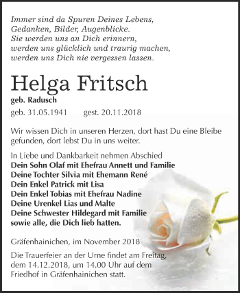 Traueranzeige von Helga Fritsch von WVG - Wochenspiegel Wittenberg