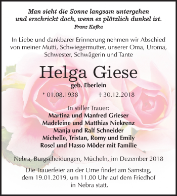 Traueranzeige von Helga Giese von Mitteldeutsche Zeitung Naumburg/Nebra