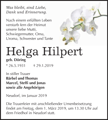 Traueranzeige von Helga Hilpert von WVG - Wochenspiegel Quedlinburg