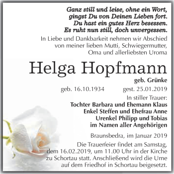 Traueranzeige von Helga Hopfmann von WVG - Wochenspiegel Merseburg