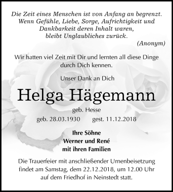 Traueranzeige von Helga Hägemann von Mitteldeutsche Zeitung Quedlinburg