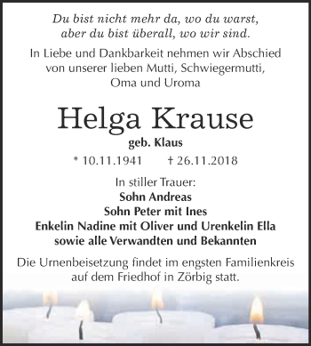 Traueranzeige von Helga Krause von WVG - Wochenspiegel Bitterfeld