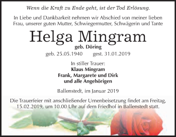 Traueranzeige von Helga Mingram von WVG - Wochenspiegel Quedlinburg