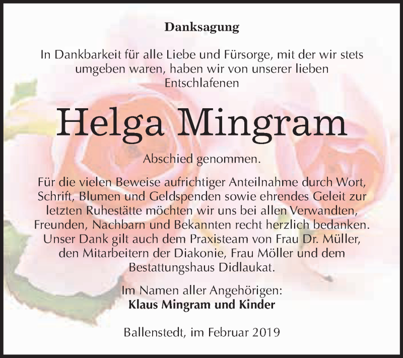  Traueranzeige für Helga Mingram vom 23.02.2019 aus WVG - Wochenspiegel Quedlinburg