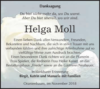 Traueranzeige von Helga Moll von WVG - Wochenspiegel Wittenberg