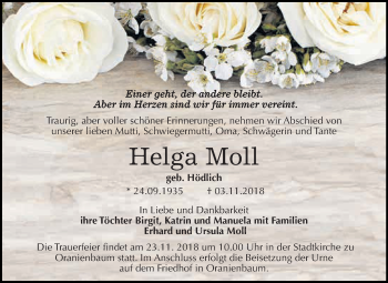 Traueranzeige von Helga Moll von WVG - Wochenspiegel Wittenberg