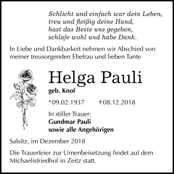 Traueranzeige von Helga Pauli von Mitteldeutsche Zeitung Zeitz