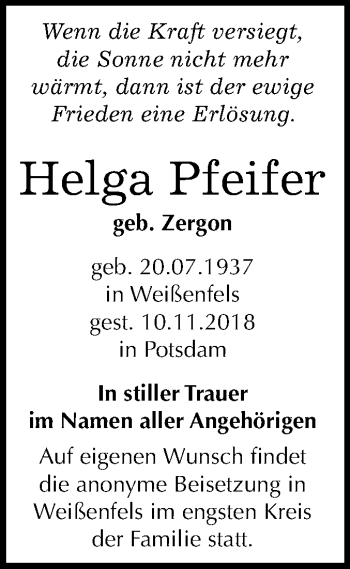 Traueranzeige von Helga Pfeifer von Mitteldeutsche Zeitung Weißenfels