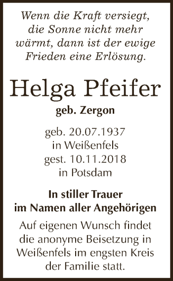 Traueranzeige von Helga Pfeifer von WVG - Wochenspiegel NMB / WSF / ZTZ