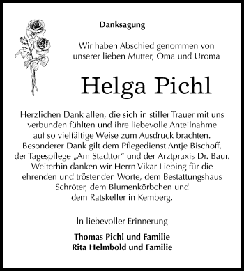 Traueranzeige von Helga Pichl von Mitteldeutsche Zeitung Wittenberg