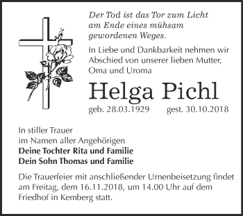 Traueranzeige von Helga Pichl von WVG - Wochenspiegel Bitterfeld