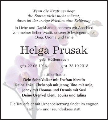 Traueranzeige von Helga Prusak von Mitteldeutsche Zeitung Bitterfeld