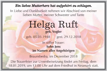 Traueranzeige von Helga Ruft von WVG - Wochenspiegel Merseburg