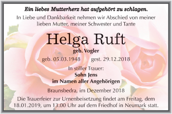 Traueranzeige von Helga Ruft von Mitteldeutsche Zeitung Merseburg/Querfurt
