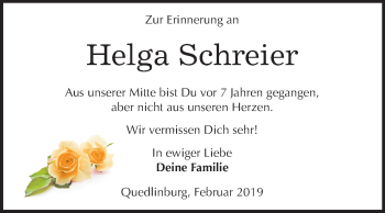 Traueranzeige von Helga Schreier von Mitteldeutsche Zeitung Quedlinburg