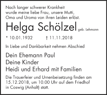 Traueranzeige von Helga Schölzel von WVG - Wochenspiegel Bitterfeld