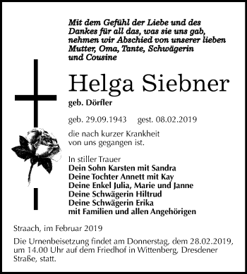Traueranzeige von Helga Siebner von Mitteldeutsche Zeitung