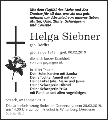 Traueranzeige von Helga Siebner von WVG - Wochenspiegel Wittenberg