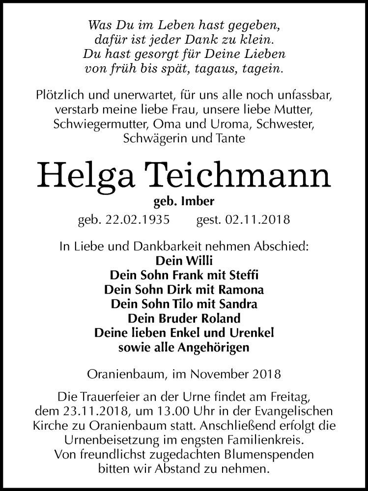  Traueranzeige für Helga Teichmann vom 10.11.2018 aus Mitteldeutsche Zeitung Wittenberg