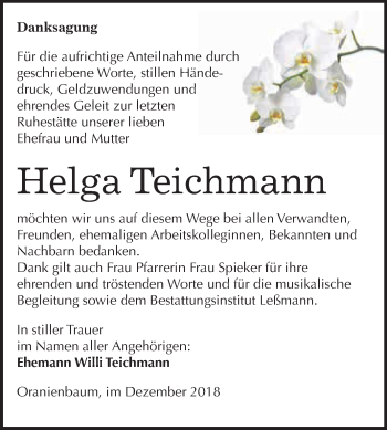 Traueranzeige von Helga Teichmann von WVG - Wochenspiegel Bitterfeld