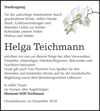 Traueranzeige von Helga Teichmann von Mitteldeutsche Zeitung Bitterfeld