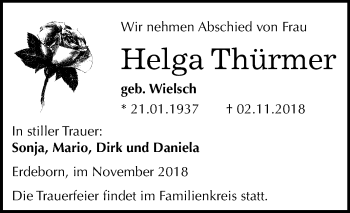 Traueranzeige von Helga Thürmer von Mitteldeutsche Zeitung Mansfelder Land