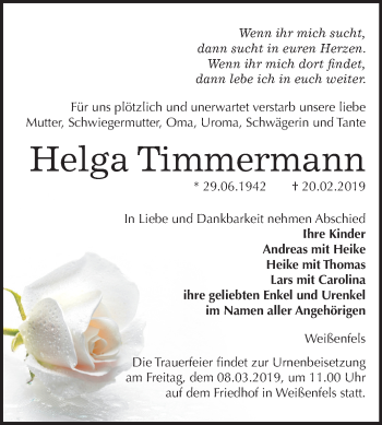 Traueranzeige von Helga Timmermann von Mitteldeutsche Zeitung Weißenfels