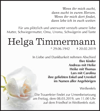 Traueranzeige von Helga Timmermann von WVG - Wochenspiegel NMB / WSF / ZTZ