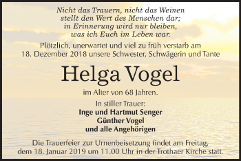Traueranzeige von Helga Vogel von Mitteldeutsche Zeitung Halle/Saalkreis