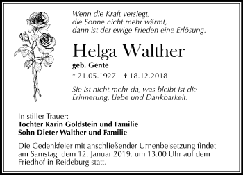 Traueranzeige von Helga Walther von Mitteldeutsche Zeitung Halle/Saalkreis