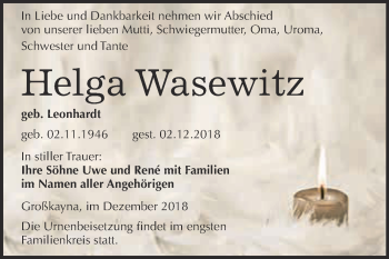 Traueranzeige von Helga Wasewitz von WVG - Wochenspiegel Merseburg