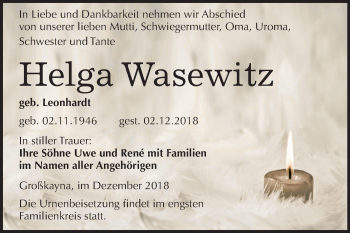 Traueranzeige von Helga Wasewitz von Mitteldeutsche Zeitung Merseburg/Querfurt