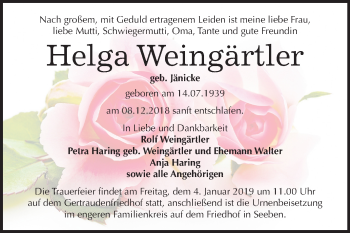 Traueranzeige von Helga Weingärtler von Mitteldeutsche Zeitung Halle/Saalkreis