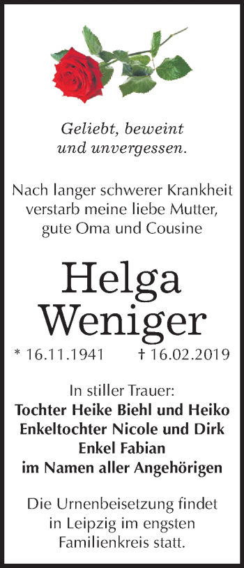 Traueranzeige von Helga Weniger von Mitteldeutsche Zeitung Halle/Saalkreis