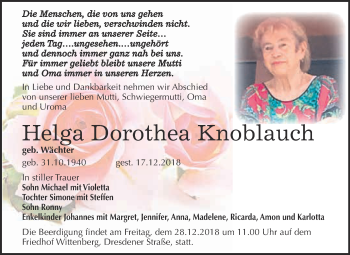Traueranzeige von Helga Dorothea Knoblauch von WVG - Wochenspiegel Wittenberg