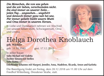 Traueranzeige von Helga Dorothea Knoblauch von Mitteldeutsche Zeitung Wittenberg