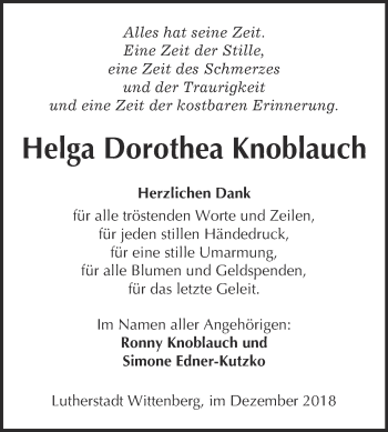 Traueranzeige von Helga Dorothea Knoblauch von WVG - Wochenspiegel Wittenberg