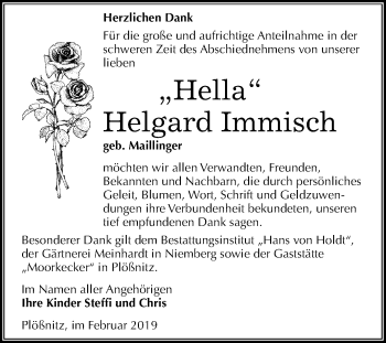 Traueranzeige von Helgard Immisch von Mitteldeutsche Zeitung Halle/Saalkreis