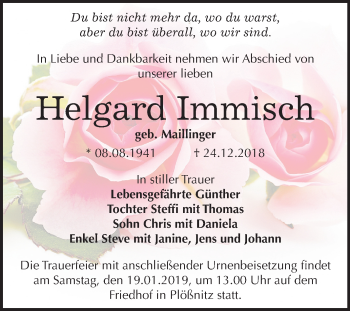 Traueranzeige von Helgard Immisch von Mitteldeutsche Zeitung Halle/Saalkreis