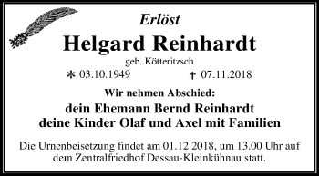 Traueranzeige von Helgard Reinhardt von Mitteldeutsche Zeitung Dessau-Roßlau