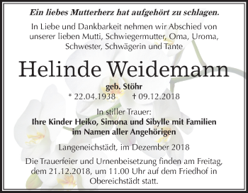 Traueranzeige von Helinde Weidemann von Mitteldeutsche Zeitung Merseburg/Querfurt