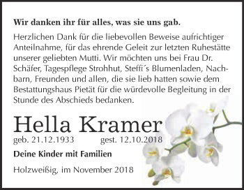 Traueranzeige von Hella Kramer von WVG - Wochenspiegel Bitterfeld