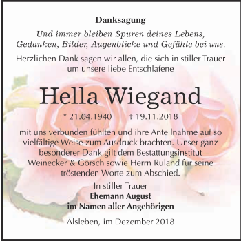 Traueranzeige von Hella Wiegand von Super Sonntag Bernburg