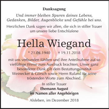 Traueranzeige von Hella Wiegand von Mitteldeutsche Zeitung Bernburg