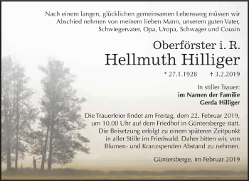 Traueranzeige von Hellmuth Hilliger von WVG - Wochenspiegel Quedlinburg