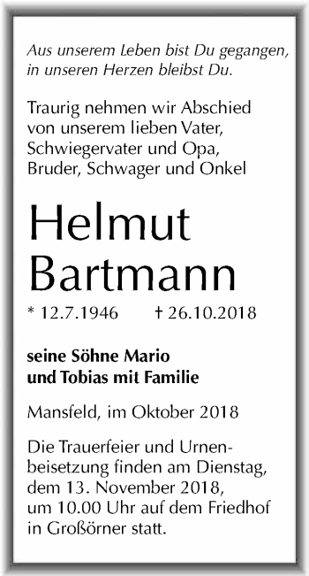 Traueranzeige von Helmut Bartmann von Wochenspiegel Mansfelder Land