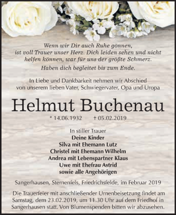 Traueranzeige von Helmut Buchenau von Super Sonntag SGH Mansf. Land