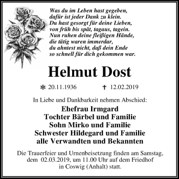 Traueranzeige von Helmut Dost von WVG - Wochenspiegel Dessau / Köthen